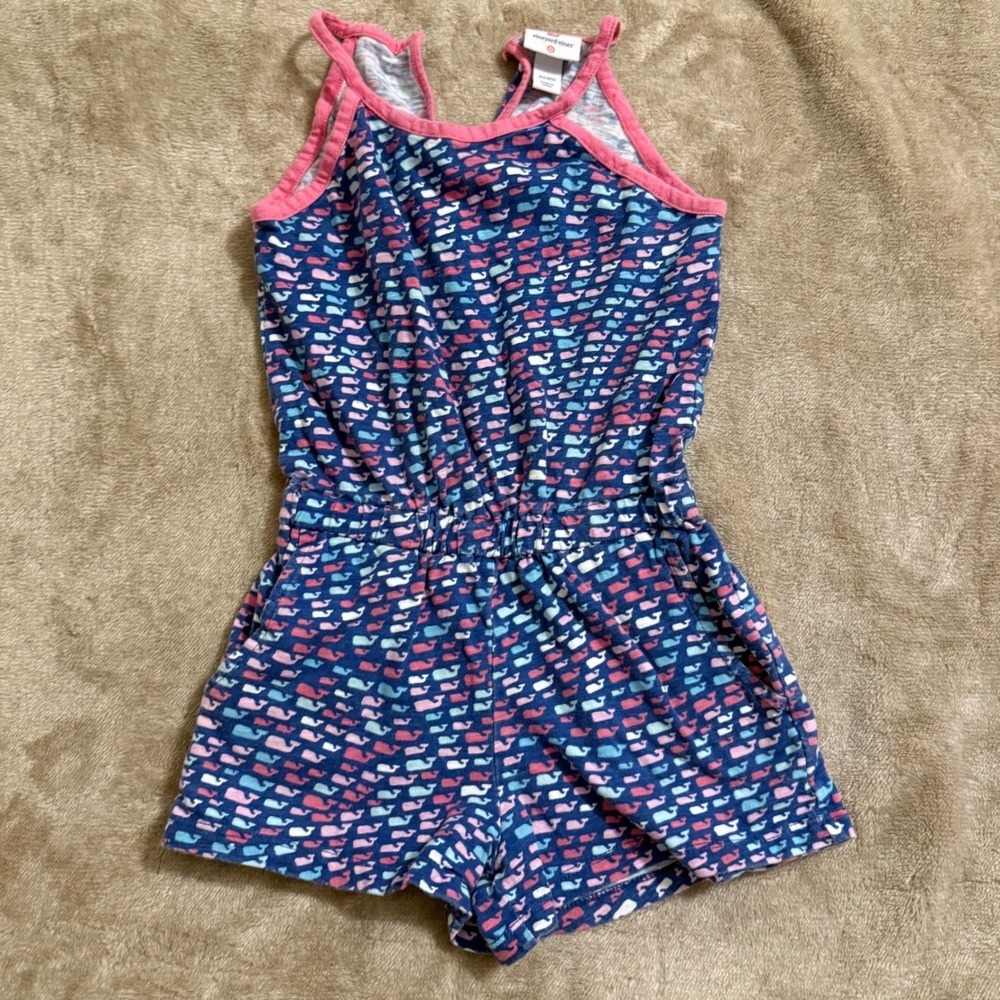 Vineyard Vines for Target Girls Whale Print Romper Blue Pink XS 4/5 Sleeveless